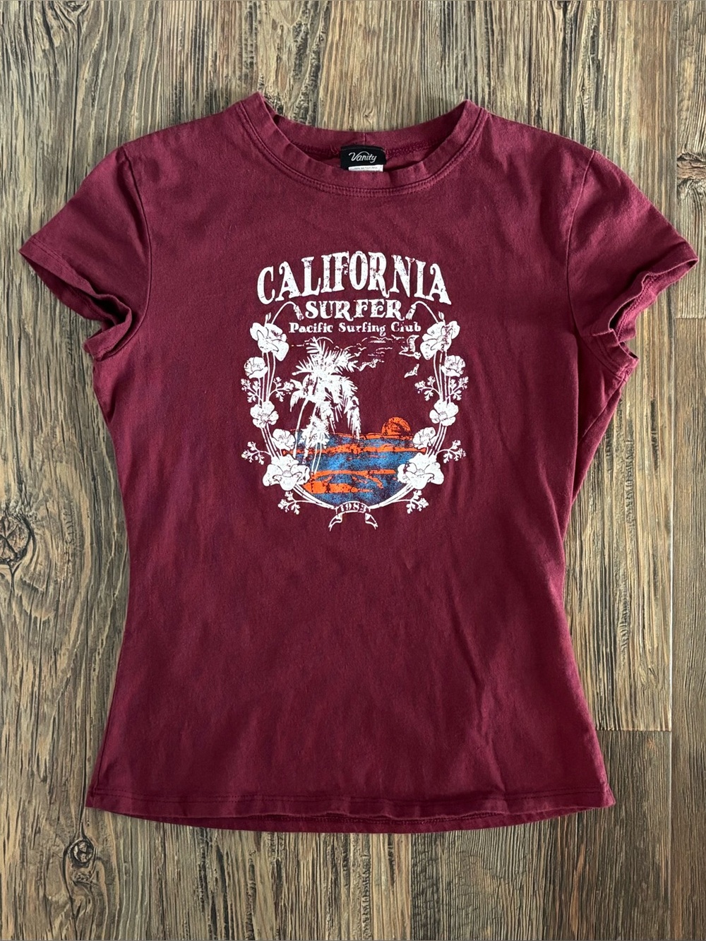 Y2K Vanity S/S T-Shirt Womens M Burgundy California Surfer Pacific Surfing Club